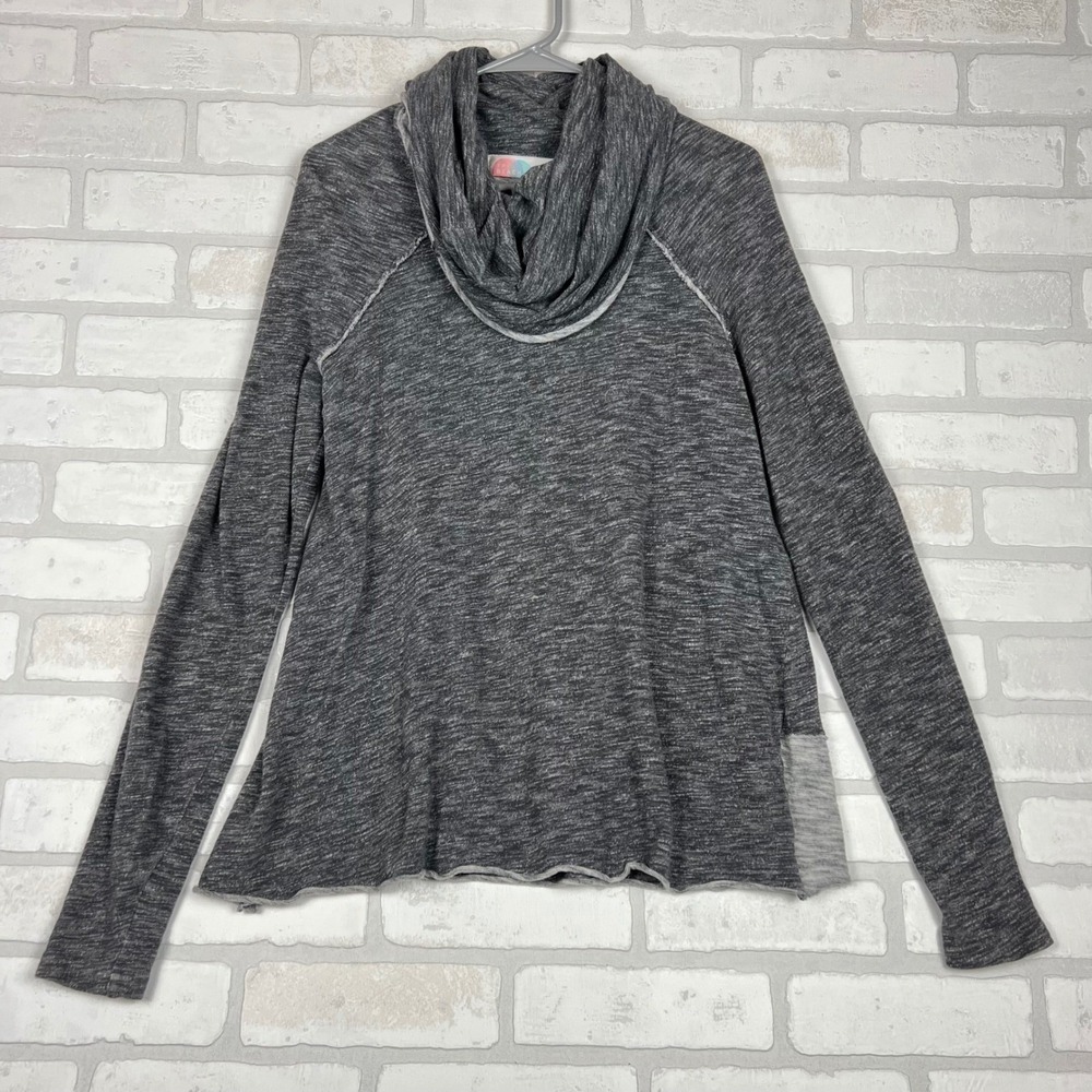 Free People Beach Womens Cowl Neck Space Dye Knit Top Grey Long Sleeve Cotton L